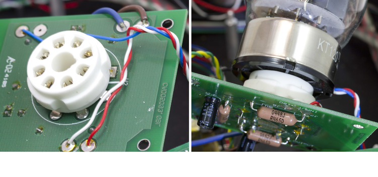 OUR COMPETITORS Printed circuit board (PCB) used in a major-brand product. Notice the plastic tube sockets soldered directly to the PCB. The repeated stresses of tube changes and heat, cause failures on the PCB. The amp pictured above sells for $8500.
